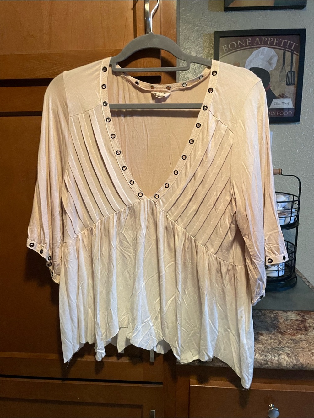 POL Cream V-Neck Pleated Tunic with Eyelet Trim